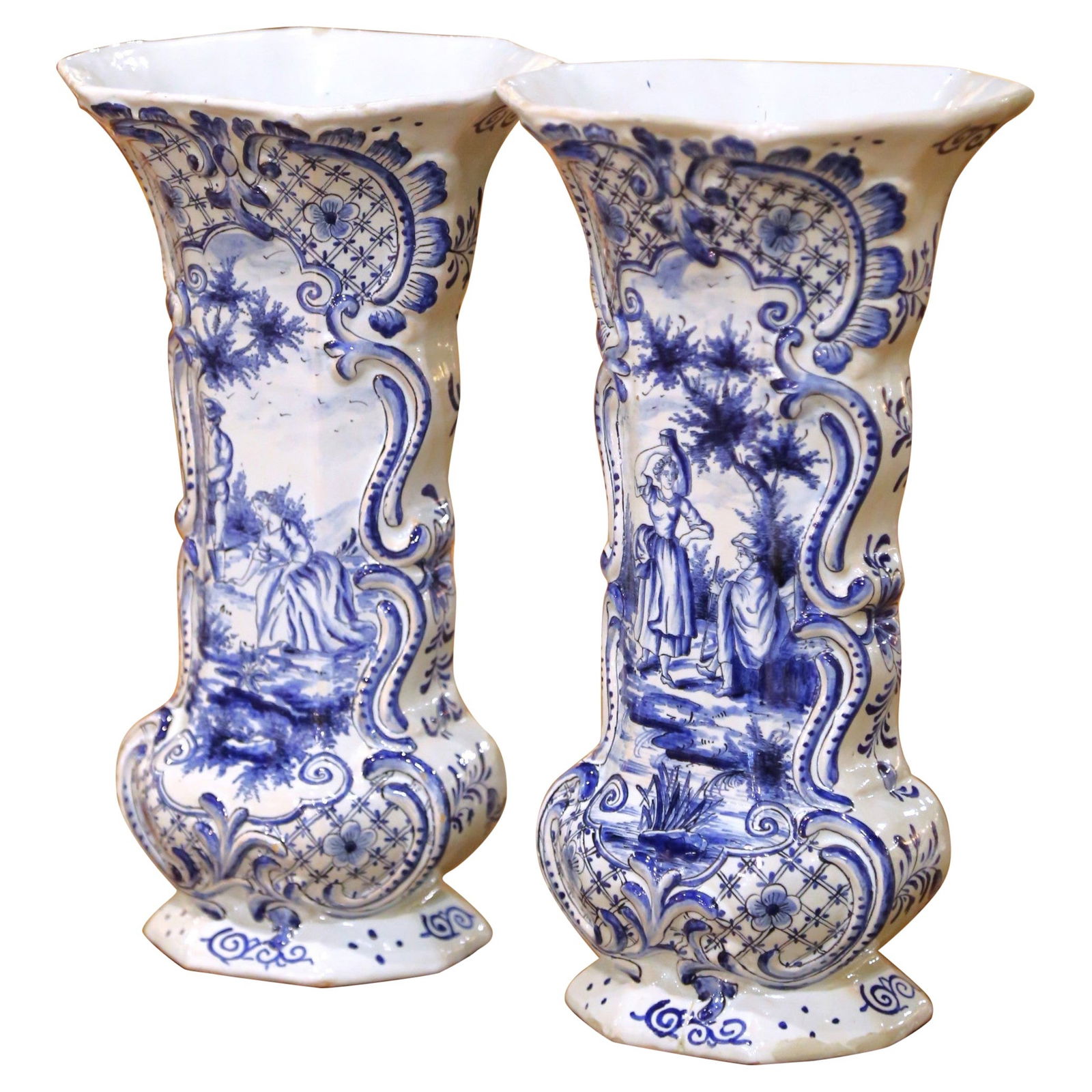Antique Pair of 19th Century French Delft Vases with Pastoral Scenes (1 of 12)