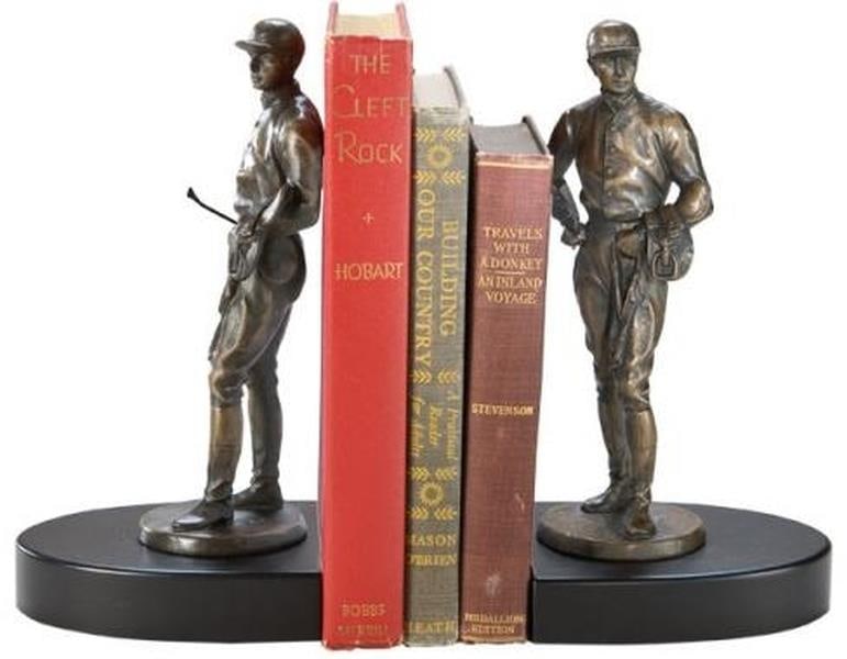 Handmade Equestrian Resin Horse Jockey Bookends Gold Finish: Handmade Equestrian Resin Horse Jockey Bookends Gold Finish Enhance your home decor with these exquisite Handmade Resin Horse Jockey Bookends. Crafted with meticulous attention to detail, these booken