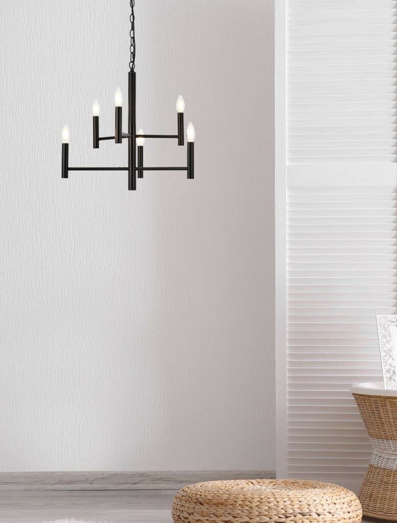 Carmella 6-Light Black Modern Chandelier for Dining or Bedroom by: Carmella 6-Light Black Modern Chandelier for Dining or Bedroom by This modern black pendant chandelier features six dimmable lights and a stylish, mid-century design, making it an ideal lighting solut