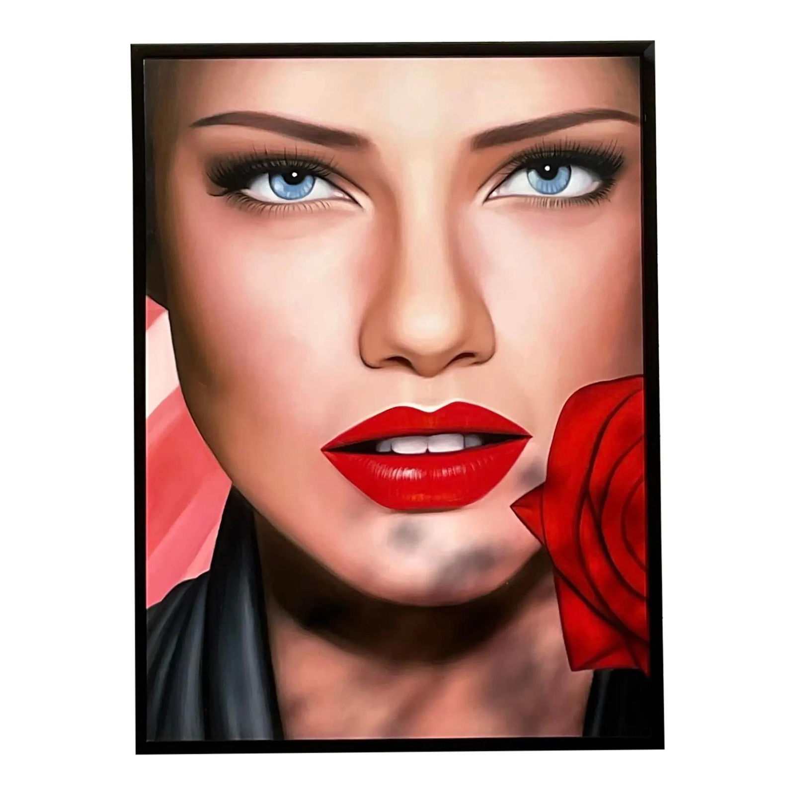 Monumental Vintage Oil Portrait on Canvas Woman with Red Rose: Monumental Vintage Oil Portrait on Canvas Woman with Red Rose This captivating vintage oil portrait on canvas showcases a striking composition of vivid colors and impeccable detail. The artwork featur