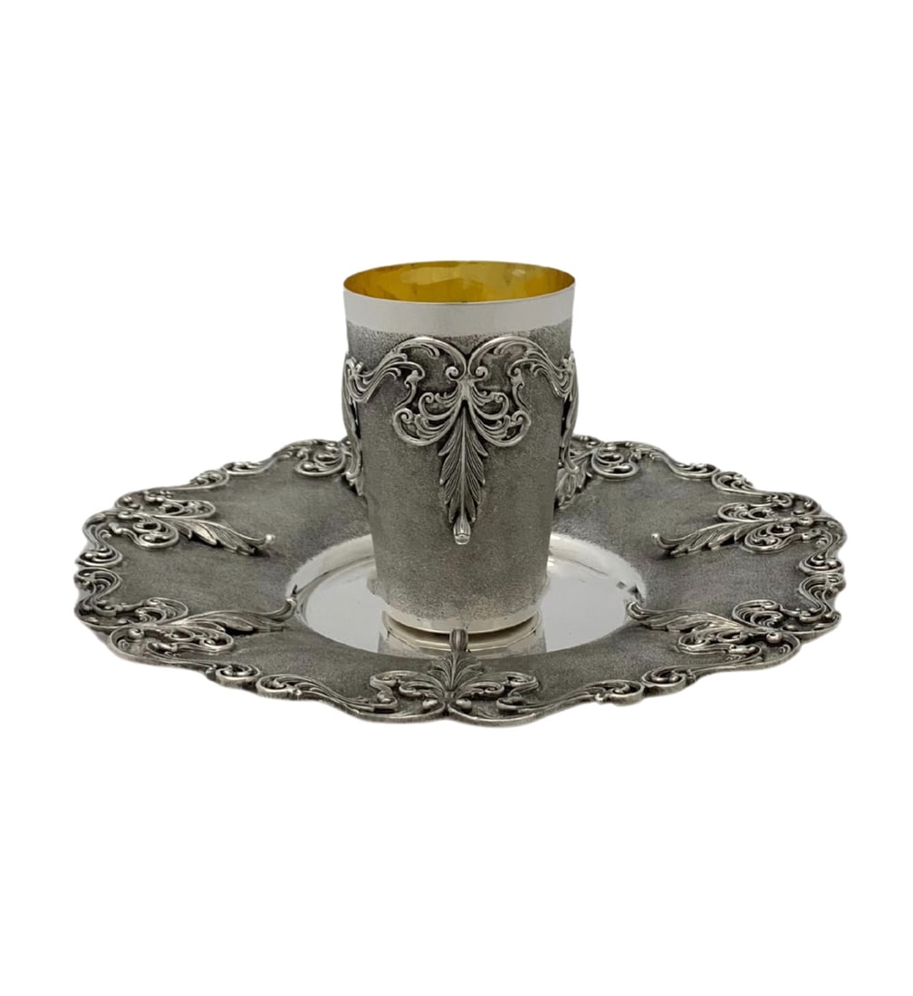 Handmade 925 Sterling Silver Leaf Applique Cup and Tray Set (1 of 4)