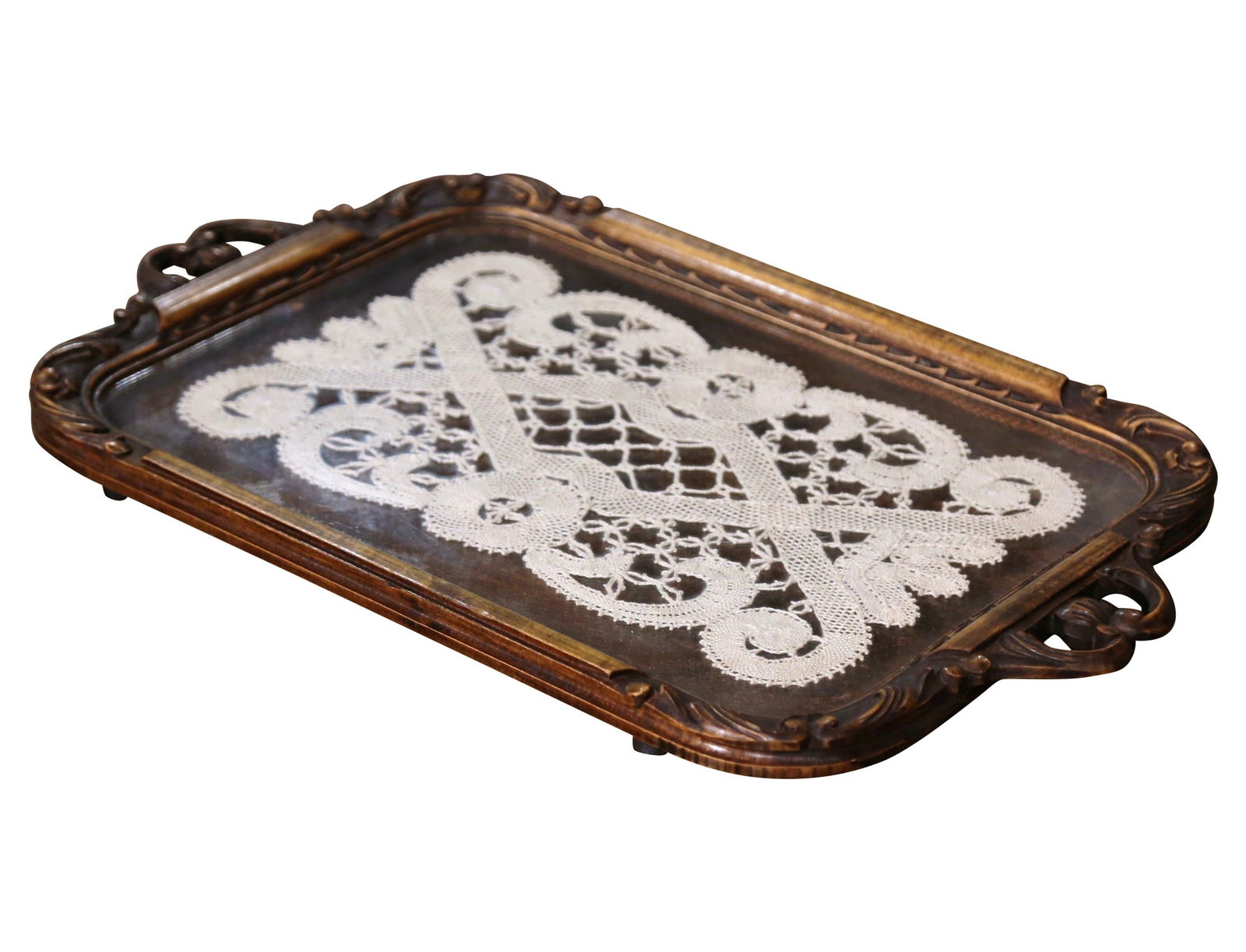 Vintage French Art Nouveau Walnut Tray Table with Glass Top: Vintage French Art Nouveau Walnut Tray Table with Glass Top Experience the timeless elegance of this Early 20th Century French Art Populaire Carved Walnut Tray Table with Glass Top. Crafted in France