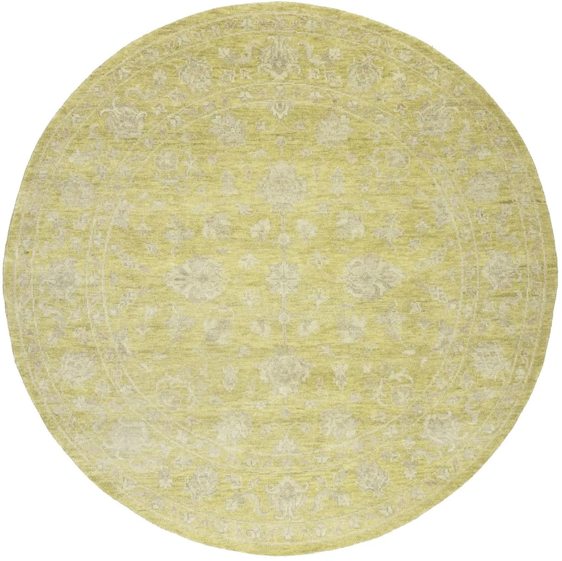 8ft Handmade Transitional Round Rug Floral Design Wool Carpet: 8ft Handmade Transitional Round Rug Floral Design Wool Carpet Enhance your home decor with this exquisite 8X8 ft Handmade Transitional Oriental Round Rug, featuring a muted floral design in shades of