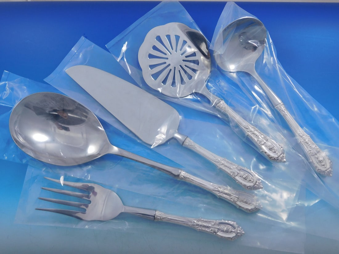 Wallace Rose Point Sterling Silver 5pc Thanksgiving Serving Set: Wallace Rose Point Sterling Silver 5pc Thanksgiving Serving Set Enhance your holiday gatherings with this exquisite 5-piece Thanksgiving Serving Set from the renowned Rose Point pattern by Wallace. Cr