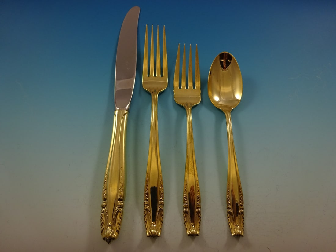 Wallace Stradivari Gold Vermeil Sterling Silver Flatware Set for 12 with Storage Chest: Wallace Stradivari Gold Vermeil Sterling Silver Flatware Set for 12 with Storage Chest Experience the elegance of the Stradivari Gold by Wallace Sterling Silver Flatware Service Set for 12. This exqui