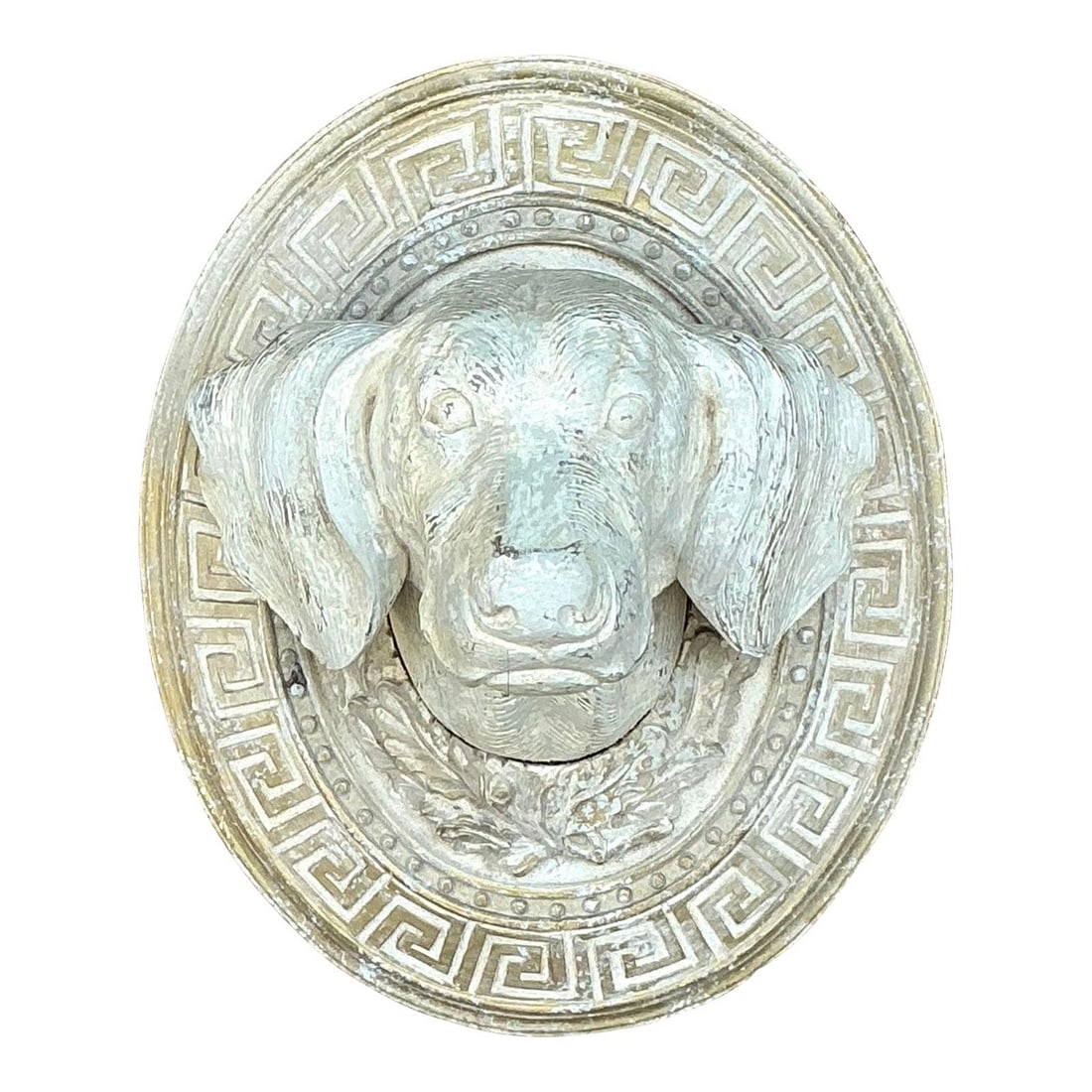 Vintage Greek Key Carved Dog Wall Hanging Art: Vintage Greek Key Carved Dog Wall Hanging Art Elevate your home decor with this captivating vintage wall hanging that artfully combines classical design with Bohemian flair. This striking piece featur