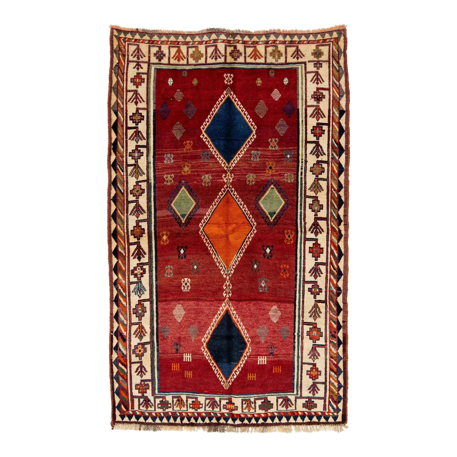 Persian Shiraz 4 x 7 Wool Rug Red Tribal Design: Persian Shiraz 4 x 7 Wool Rug Red Tribal Design Enhance your space with this exquisite Persian Shiraz hand-knotted wool rug, featuring a vibrant red field adorned with a multicolor geometric design. T