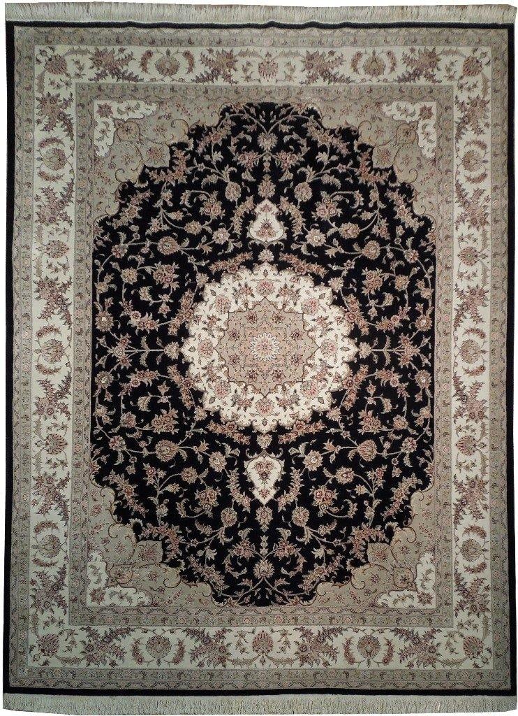 Luxurious 9' x 11'10" Hand-Knotted Wool Silk Sino Tabriz Rug Black: Luxurious 9' x 11'10" Hand-Knotted Wool Silk Sino Tabriz Rug Black Free continental US Shipping Experience the luxurious elegance of the 9 x 11.10 Wool & Silk Fine Quality Sino Tabriz Rug in Black. Ha