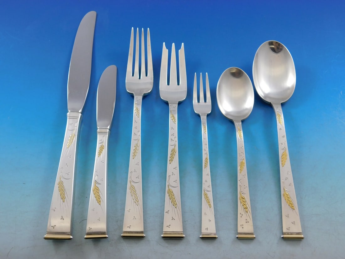 Gorham Golden Wheat Sterling Silver Flatware Set 58 Pieces Service for 8: Gorham Golden Wheat Sterling Silver Flatware Set 58 Pieces Service for 8 Enhance your dining experience with this exquisite Golden Wheat flatware set by Gorham, featuring a total of 58 pieces. Crafted