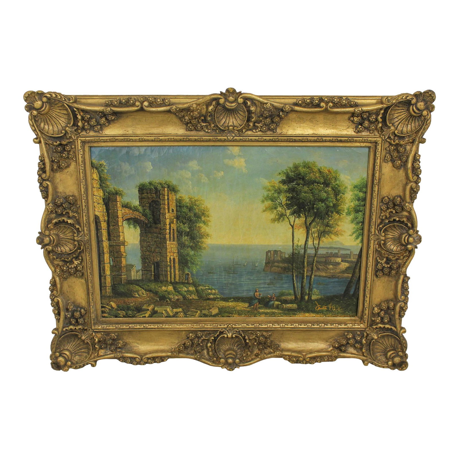Signed Italian Mediterranean Coastal Scene Framed Oil Painting (1 of 10)