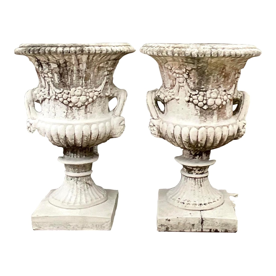 Vintage Cast Concrete Swag Urns Pair with Patina (1 of 7)