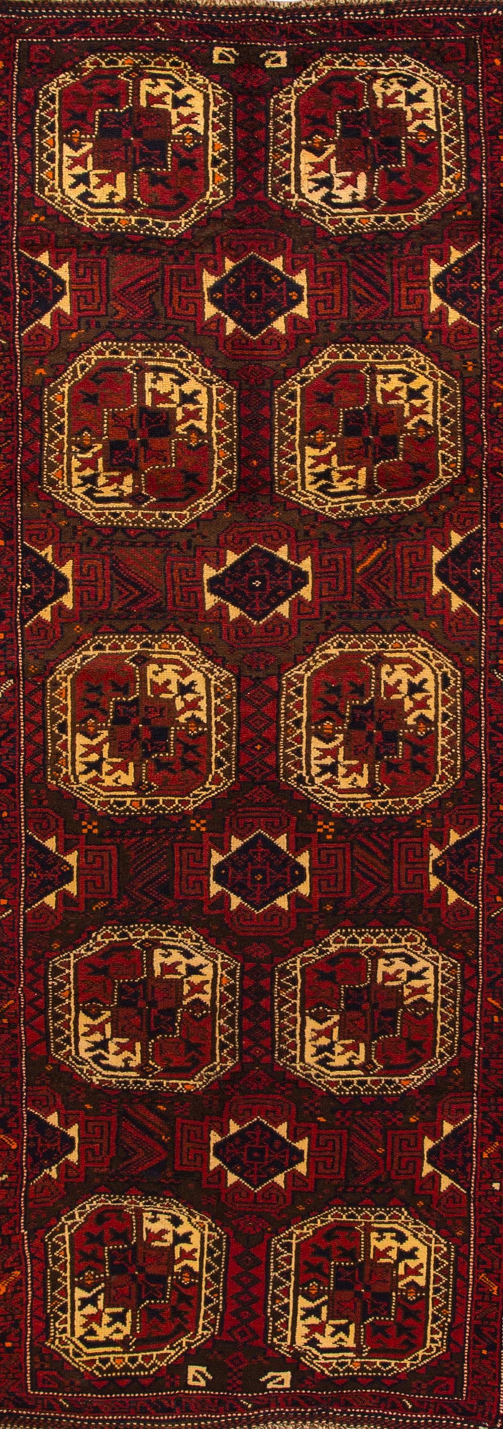 Vintage Red Handmade Wool Shiraz Rug 3'9 x 11'9 Geometric Design: Vintage Red Handmade Wool Shiraz Rug 3'9 x 11'9 Geometric Design Enhance your space with this stunning Vintage Shiraz handmade wool rug, featuring a vibrant red field adorned with multicolor accents i