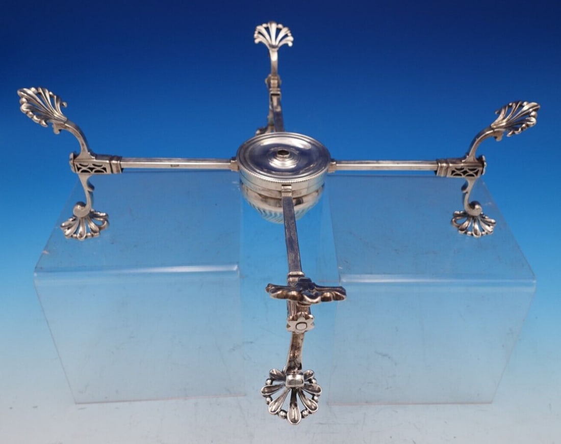 William Plummer Georgian Sterling Silver Warming Stand with Burner 1768: William Plummer Georgian Sterling Silver Warming Stand with Burner 1768 Discover a remarkable piece of history with this William Plummer English Georgian Sterling Silver Warming Stand complete with a