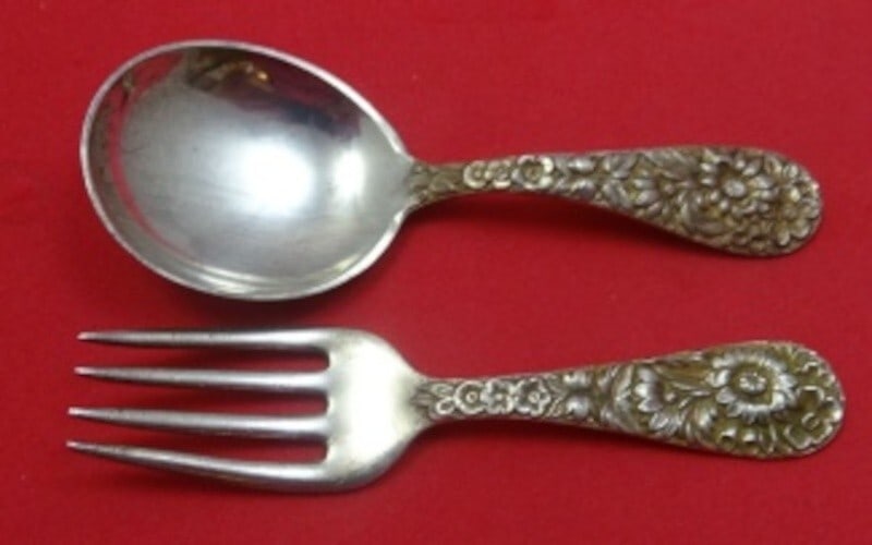 Kirk Repousse Sterling Silver Baby Set 2pc Heirloom 3 3/4" (1 of 2)