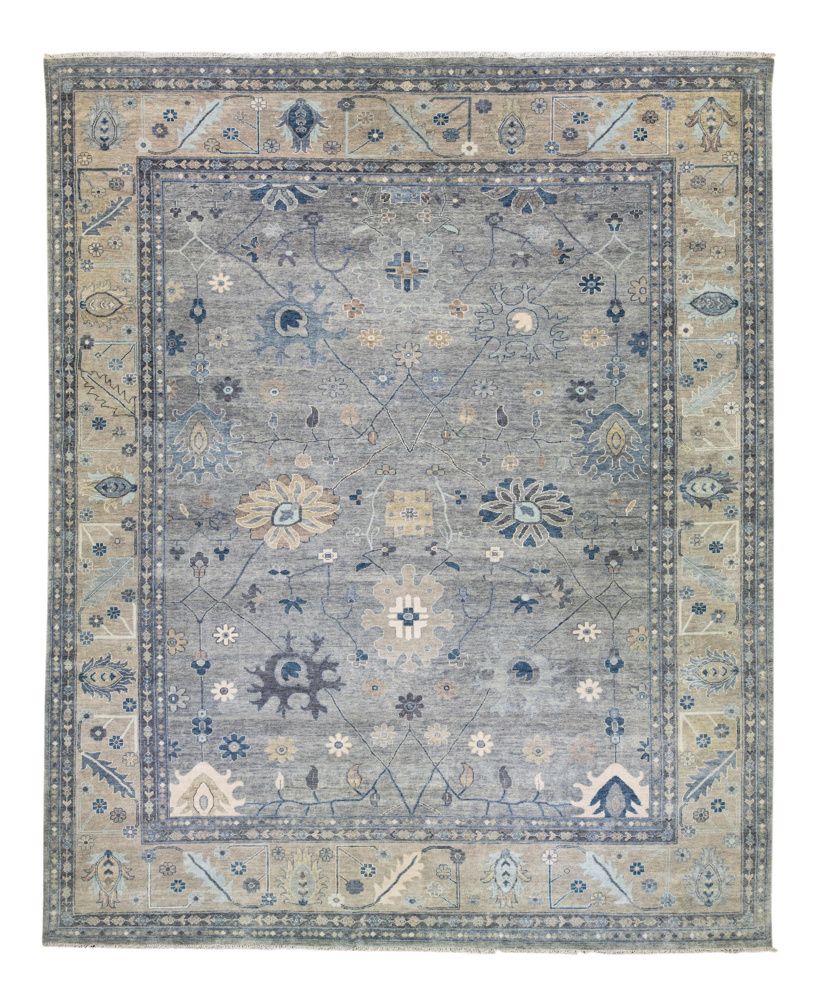 Oversize Gray Wool Oushak Rug with Floral Design 16' x 20': Oversize Gray Wool Oushak Rug with Floral Design 16' x 20' Enhance your space with this exquisite modern Oversize Oushak hand-knotted wool rug, showcasing a soft gray field. The rug features a beautif
