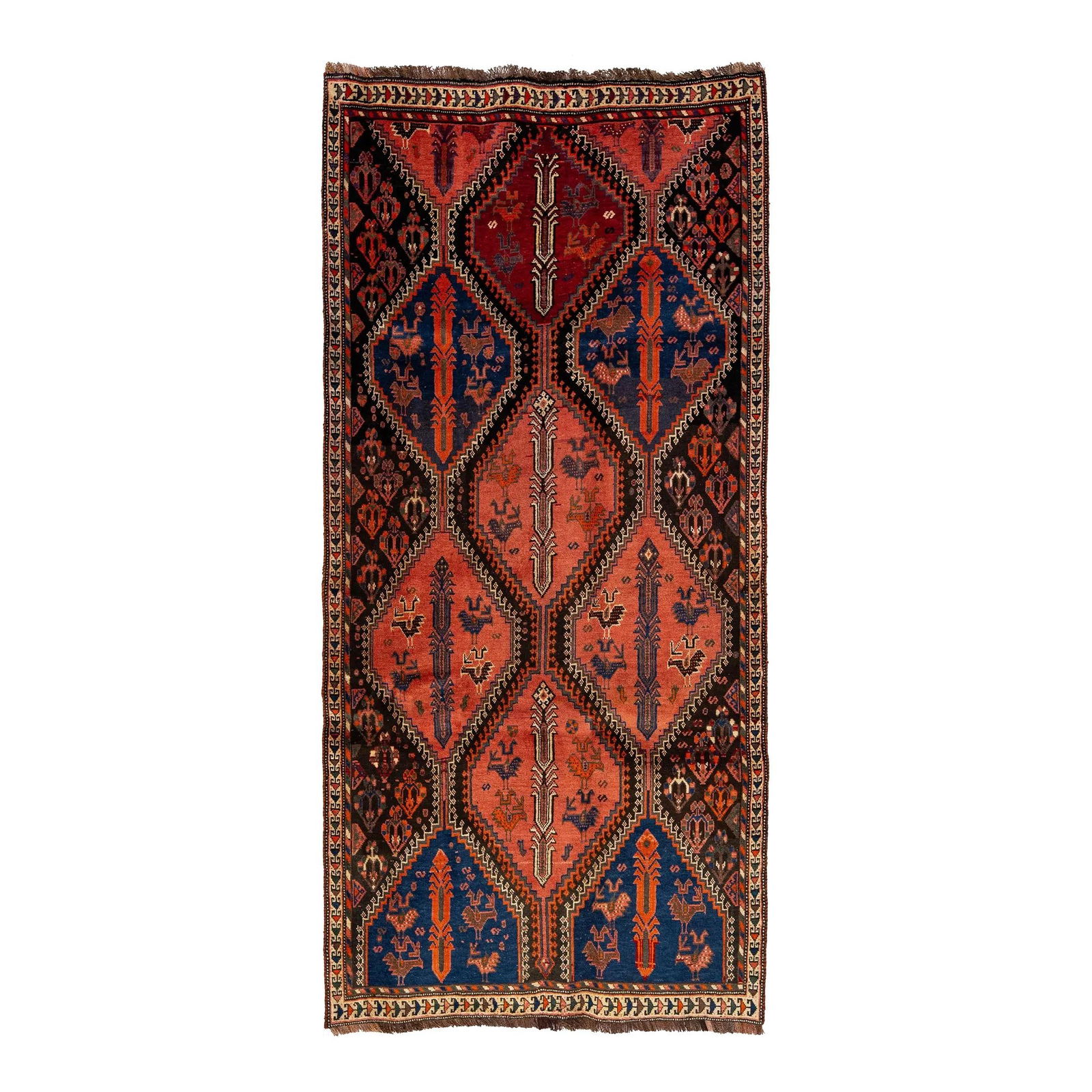 Vintage Persian Shiraz Wool Scatter Rug Terracotta 3'11 x 8'5: Vintage Persian Shiraz Wool Scatter Rug Terracotta 3'11 x 8'5 Discover the charm of this Handmade Vintage Persian Shiraz Scatter Wool Rug, featuring a captivating terracotta base enriched with intrica