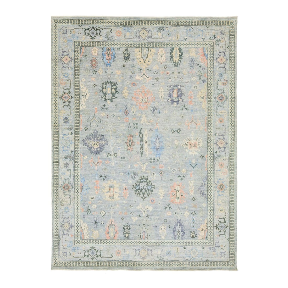 Handmade Light Blue Oushak Style Wool Floral Rug 8'11 x 12'1: Handmade Light Blue Oushak Style Wool Floral Rug 8'11 x 12'1 Enhance your living space with this stunning, hand-knotted contemporary Oushak-style wool rug. Its light blue background is adorned with el