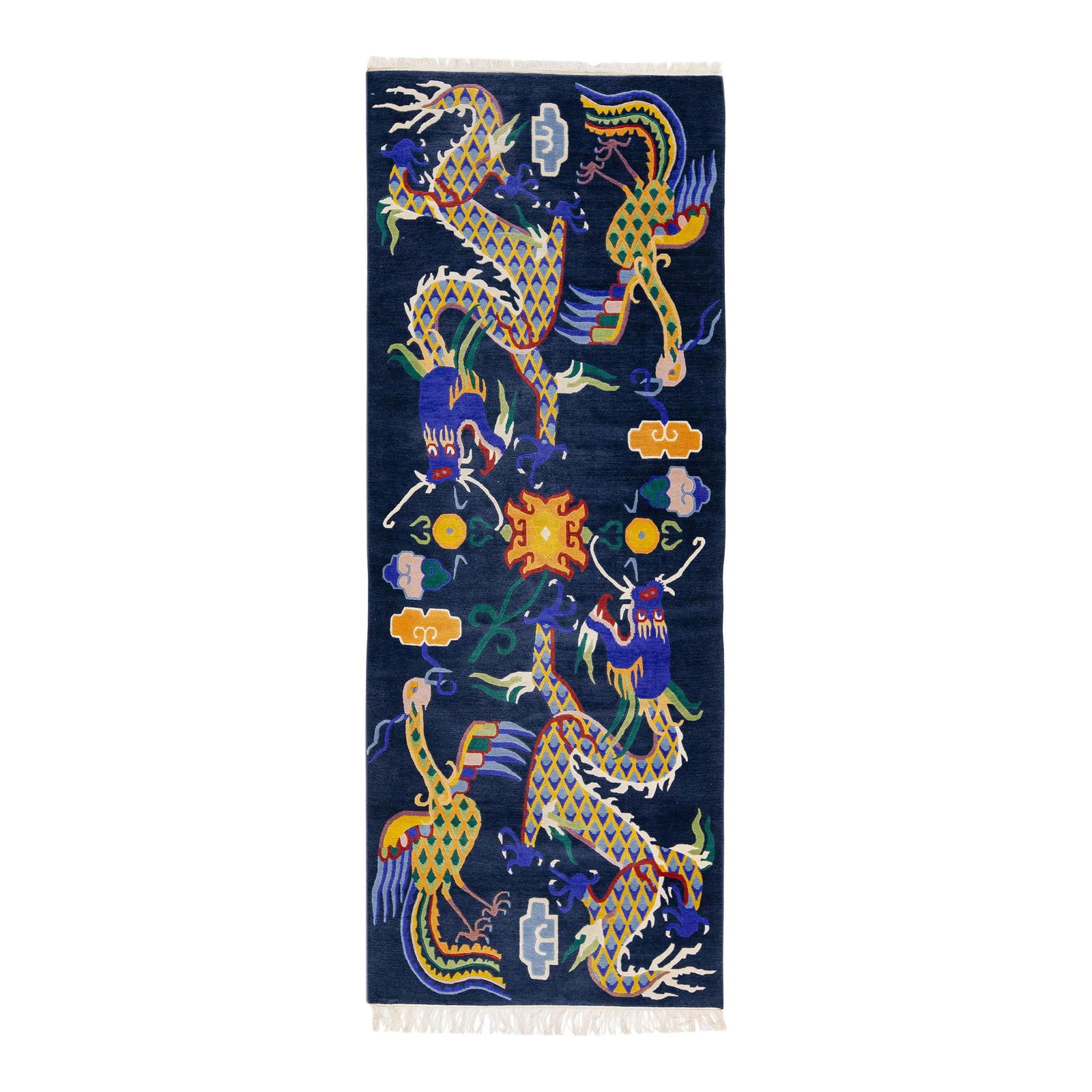 Antique Peking Handmade Wool Rug Navy Blue Dragon Design 3' x 8': Antique Peking Handmade Wool Rug Navy Blue Dragon Design 3' x 8' Enhance your space with this stunning antique Peking Chinese hand-knotted wool rug, featuring a rich navy blue field adorned with a vib