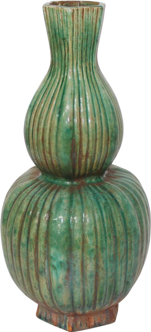 Handmade Fluted Gourd Vase in Speckled Green Ceramic: Handmade Fluted Gourd Vase in Speckled Green Ceramic This elegant fluted gourd vase decor is a striking addition to any space. Standing at 16 inches tall, it features a unique hexagonal shape with a s