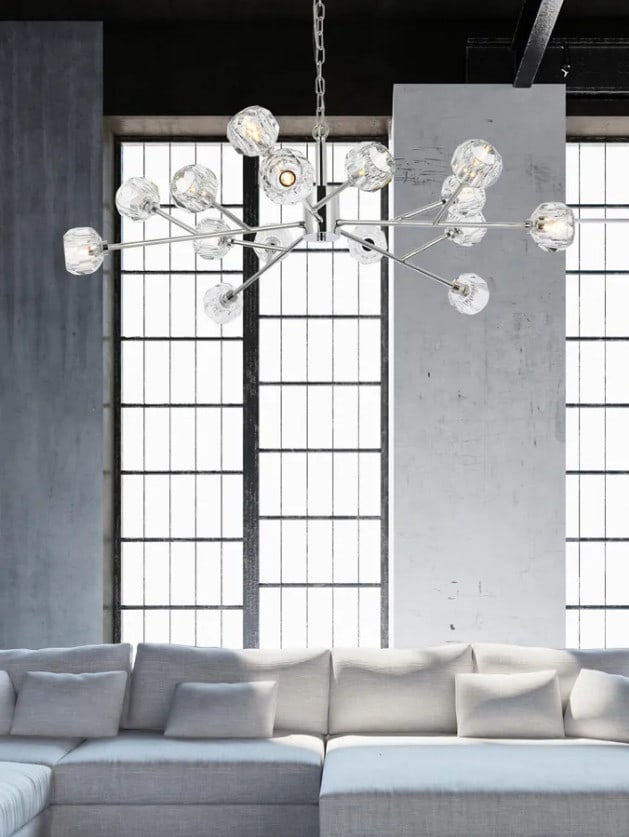 Graham 15 Light 42 Inch Chrome Crystal Sputnik Chandelier for Dining or Foyer: Graham 15 Light 42 Inch Chrome Crystal Sputnik Chandelier for Dining or Foyer This modern Sputnik-style chandelier features 15 dimmable lights with clear crystal shades and a chrome-plated finish. Des