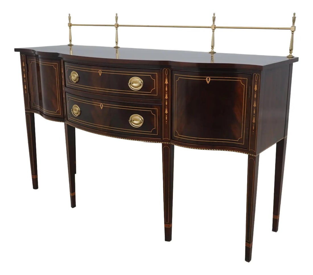 Stickley Federal Style Inlaid Mahogany Sideboard with Brass Gallery: Stickley Federal Style Inlaid Mahogany Sideboard with Brass Gallery This Stickley Federal Style Inlaid Mahogany Sideboard is a stunning piece that combines traditional craftsmanship with elegant desig
