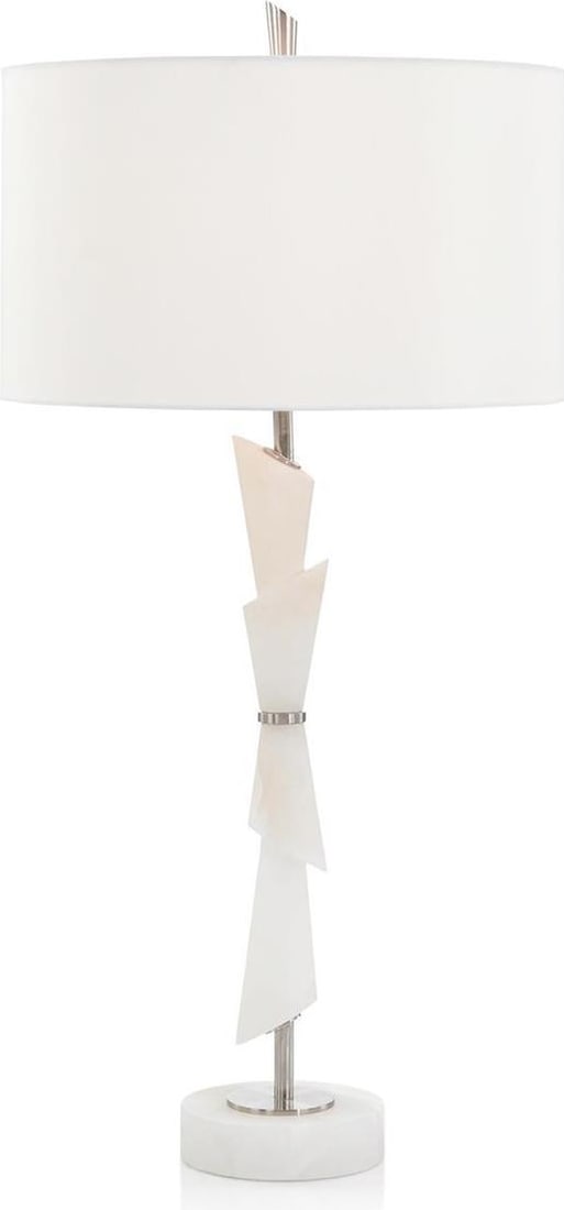 John-Richard Bessa Ivory Table Lamp with Round Linen Shade: John-Richard Bessa Ivory Table Lamp with Round Linen Shade This elegant Sleek White Alabaster Table Lamp is designed to enhance any boudoir with its refined aesthetic. Standing at a height of 38 inche
