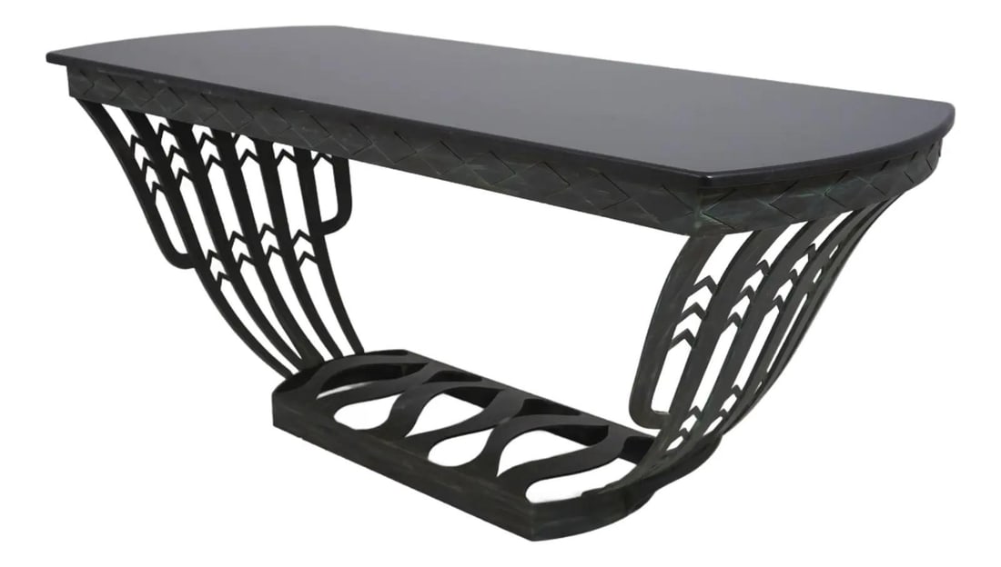 Elegant French Art Deco Granite Top Table with Iron Base: Elegant French Art Deco Granite Top Table with Iron Base This exquisite French Art Deco table features a robust iron base with a stunning granite top, reflecting high-quality construction and timeless