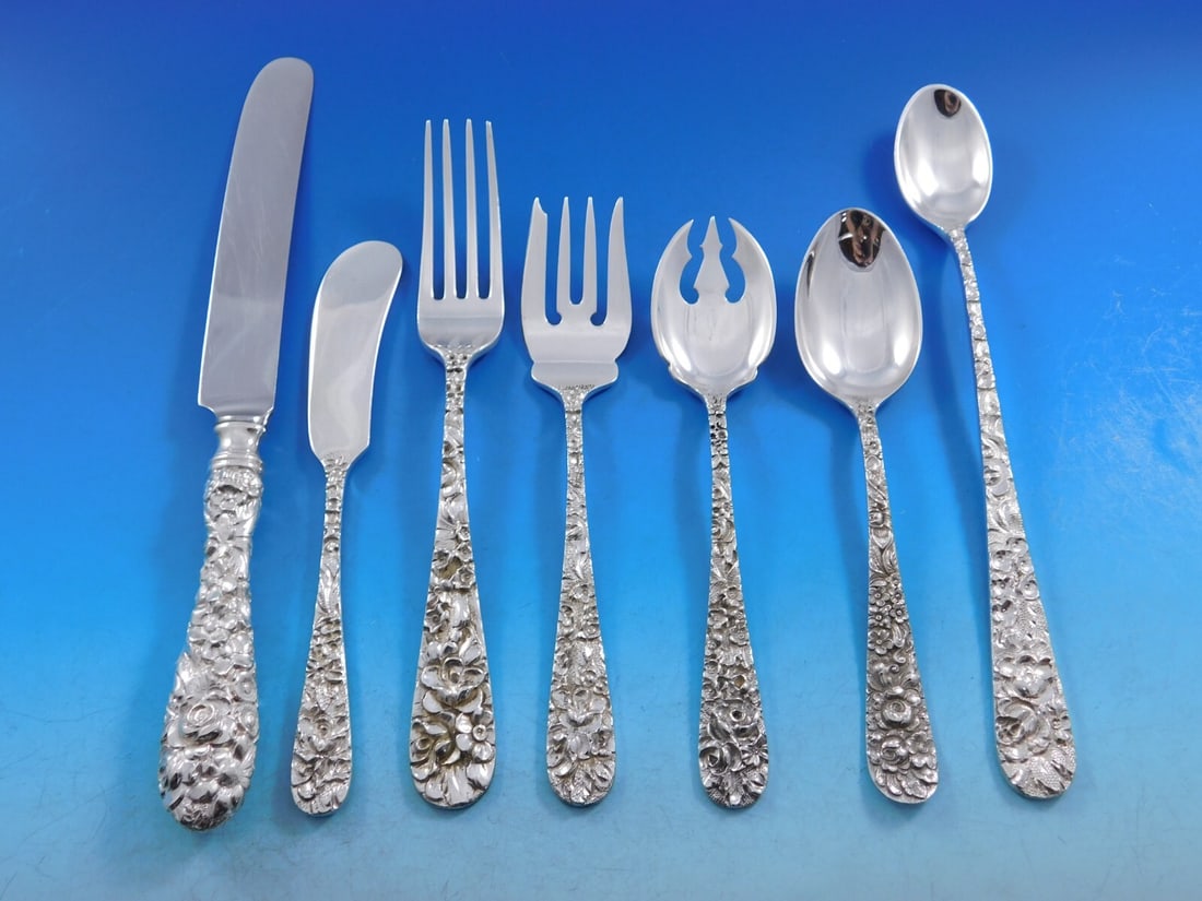 Stieff Princess Sterling Silver Flatware Set for 8 with Bonus Storage Chest: Stieff Princess Sterling Silver Flatware Set for 8 with Bonus Storage Chest This exquisite Princess pattern flatware set by Stieff features a stunning hand-chased high-relief repousse design, crafted