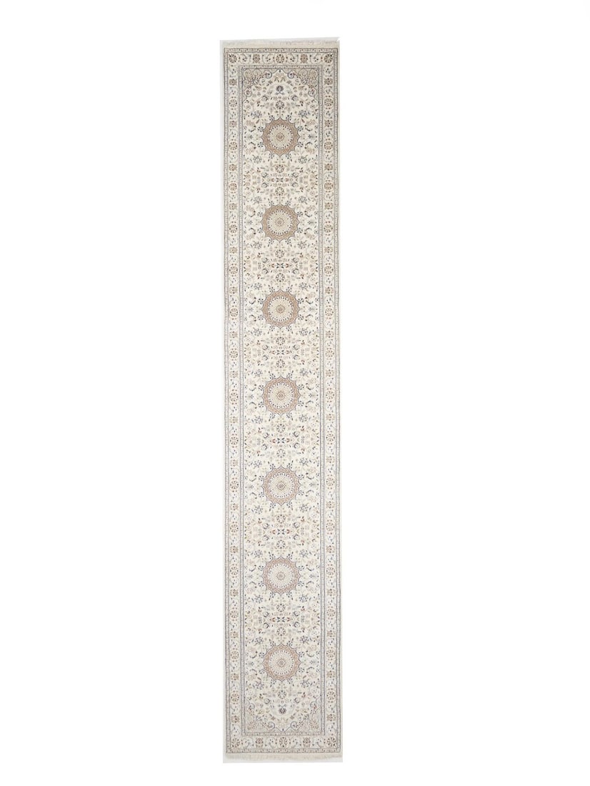 Hand-Knotted Wool Silk Modern Indo-Nain Runner 2'9 x 16'4 Floral Design: Hand-Knotted Wool Silk Modern Indo-Nain Runner 2'9 x 16'4 Floral Design This handmade runner rug features a traditional Indo-Nain Oriental design, expertly crafted in India. The rug is hand-knotted fr