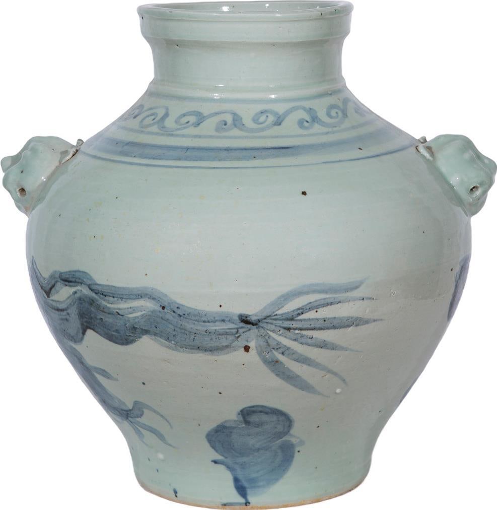 Chinoiserie Dragon Ceramic Jar with Double Lion Handles: Chinoiserie Dragon Ceramic Jar with Double Lion Handles This exquisite ceramic jar showcases a stunning Chinoiserie design featuring a majestic dragon motif. Hand-crafted with care, it boasts a unique