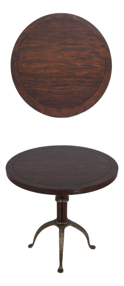 Mahogany Top Table with Iron Bamboo-Style Pedestal by Theodore Alexander: Mahogany Top Table with Iron Bamboo-Style Pedestal by Theodore Alexander This round table features a factory-distressed mahogany top paired with an iron base and bamboo form pedestal. Made with high q