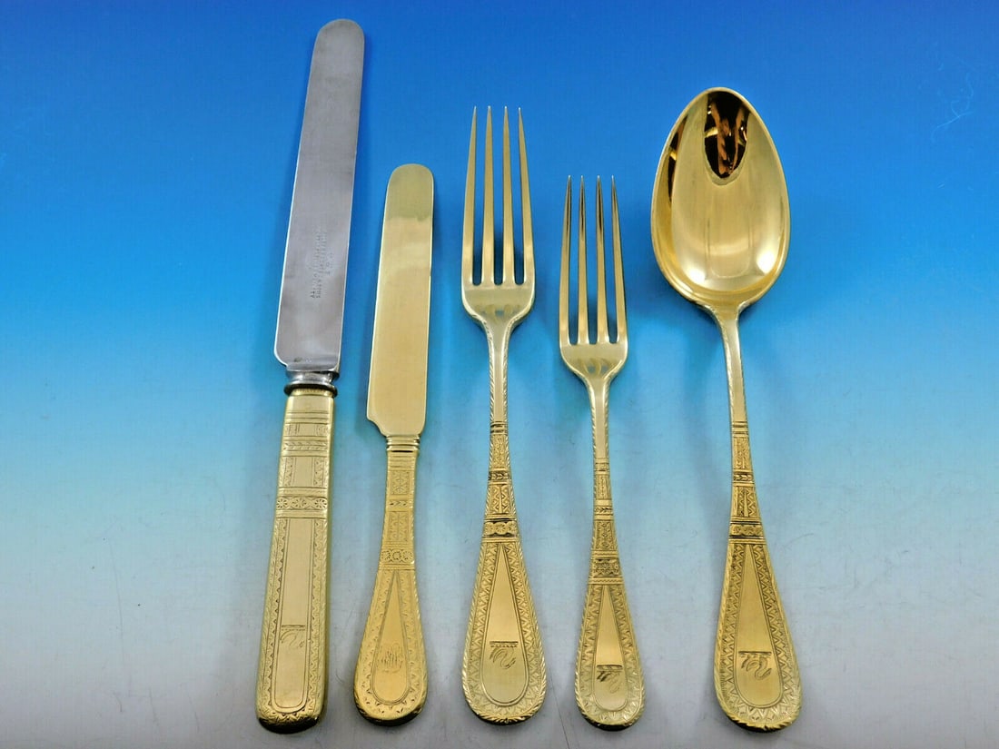 Tiffany King William Engraved Vermeil Flatware Set 40 Pieces with Storage Chest: Tiffany King William Engraved Vermeil Flatware Set 40 Pieces with Storage Chest This exquisite King William Engraved Vermeil flatware set by Tiffany & Co. features 40 pieces of sterling silver, comple