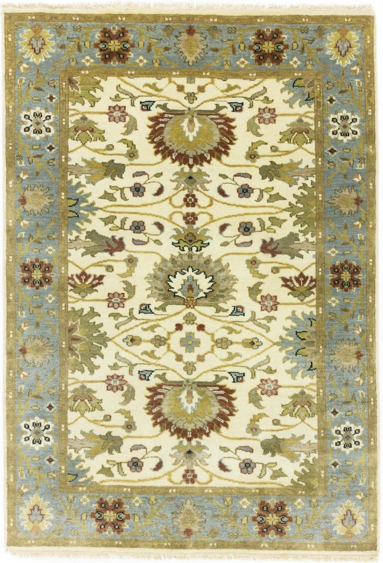 Handmade Wool Floral Area Rug 4'0 x 5'11 Peshawar Osh Chobi Style: Handmade Wool Floral Area Rug 4'0 x 5'11 Peshawar Osh Chobi Style This handmade Peshawar Osh Chobi oriental rug features a hand-knotted wool construction with a modern floral design in cream, blue-gra
