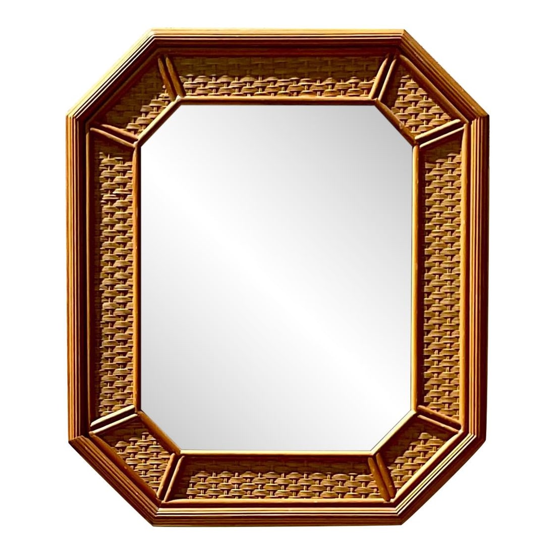 Coastal Elegance Vintage Rattan Octagon Mirror USA Crafted 36 x 43: Coastal Elegance Vintage Rattan Octagon Mirror USA Crafted 36 x 43 Enhance your living space with the Vintage Coastal Rattan Octagon Mirror, expertly crafted in America. This stunning piece features a