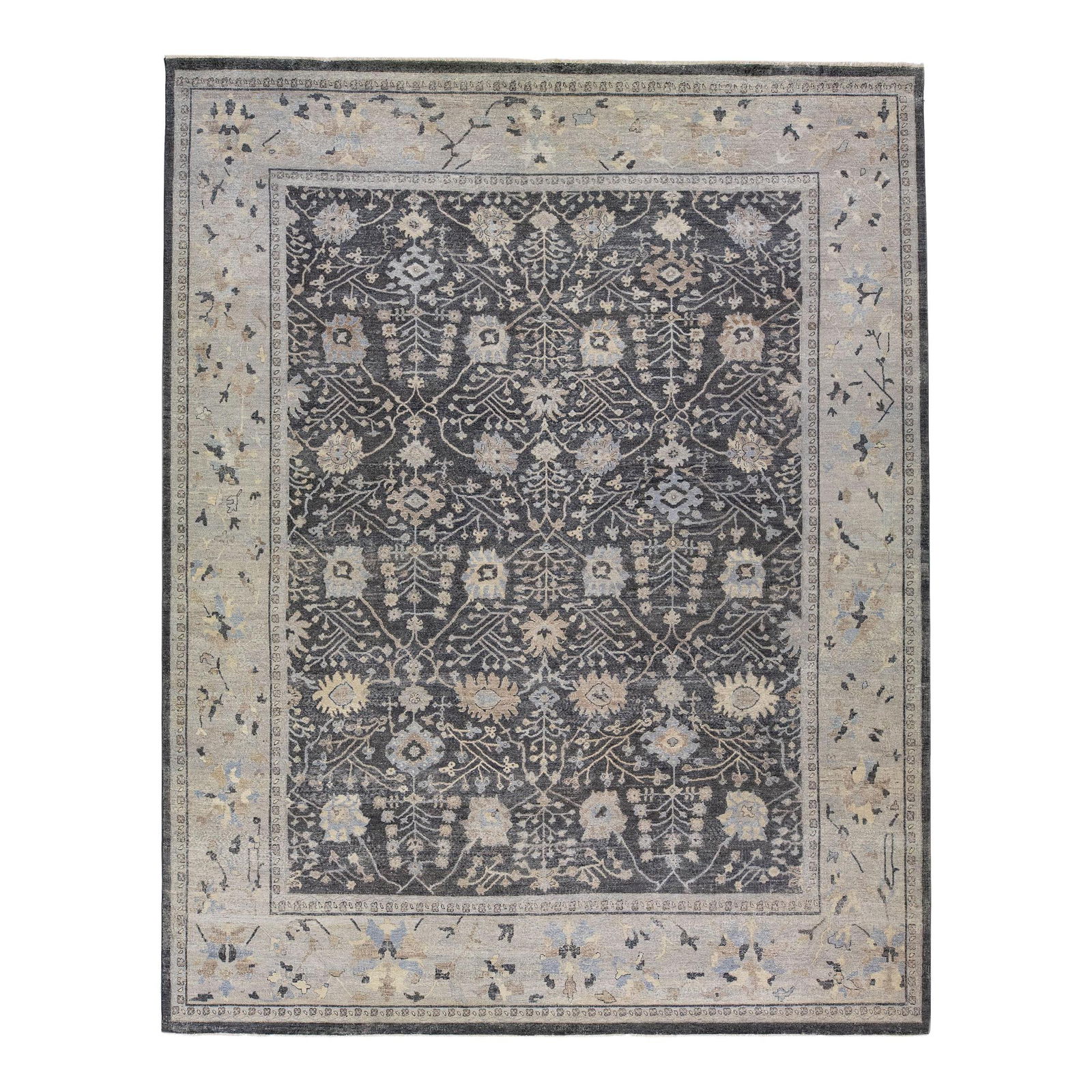 Artisan Collection Handmade Charcoal Wool Rug 12' x 15'2' Floral Motif: Artisan Collection Handmade Charcoal Wool Rug 12' x 15'2' Floral Motif Transform your space with this exquisite handmade charcoal wool rug from the Artisan Collection. This unique piece reimagines the