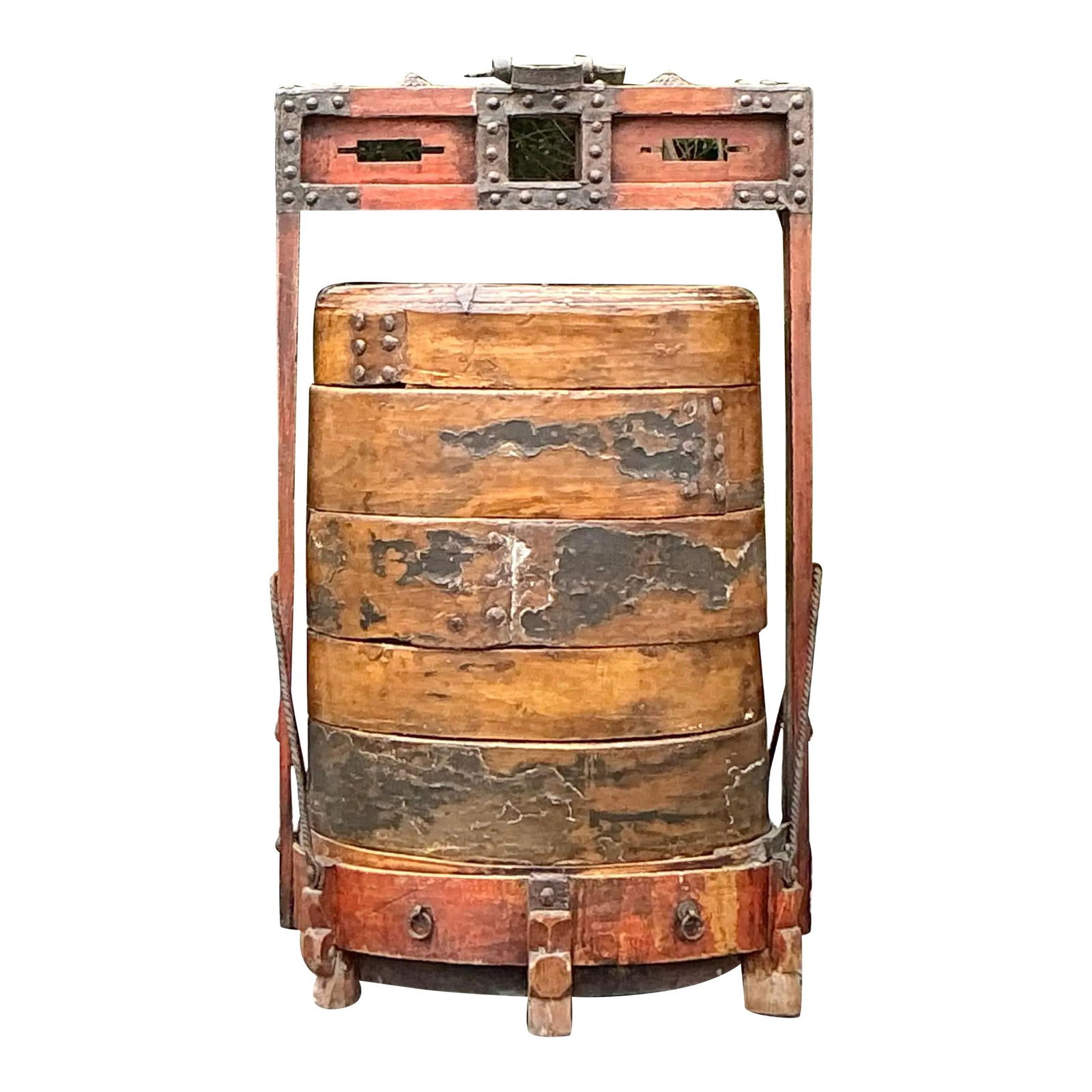 Vintage Asian Stacked Wedding Basket with Iron Hardware 44" Tall: Vintage Asian Stacked Wedding Basket with Iron Hardware 44" Tall This vintage Asian monumental stacked wedding basket is a stunning showcase of traditional craftsmanship, reflecting the elegance and c