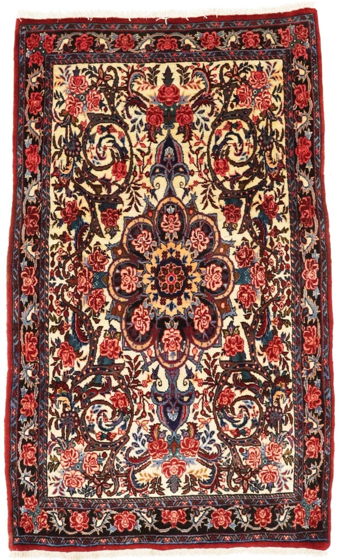 Hand-Knotted Wool Vintage Floral Tribal Area Rug 3'1 x 5'4: Hand-Knotted Wool Vintage Floral Tribal Area Rug 3'1 x 5'4 This vintage handmade Oriental area rug features a floral tribal design with a harmonious palette of cream, dark purple-navy, gray, pink, and