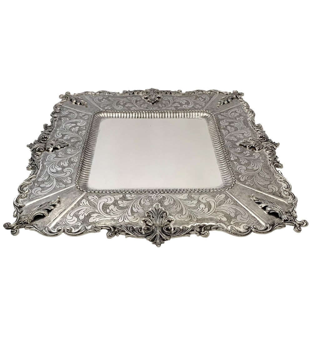 Handmade 925 Sterling Silver Square Tray with Leaf Applique: Handmade 925 Sterling Silver Square Tray with Leaf Applique This exquisite serving tray is crafted from fine 925 sterling silver and features stunning handmade chased leaf applique designs. The tray s