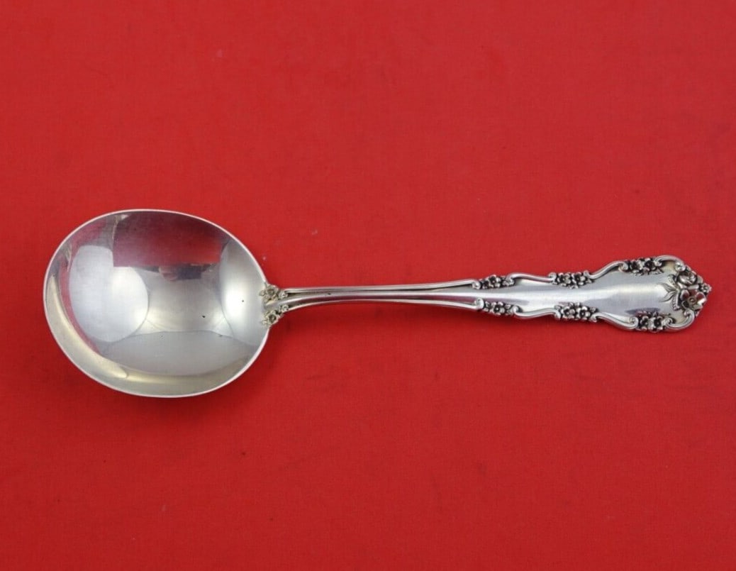 International Sterling Silver Wild Rose Old Gumbo Soup Spoon 6 5/8": International Sterling Silver Wild Rose Old Gumbo Soup Spoon 6 5/8" Experience the elegance of the Wild Rose Old pattern by International with this exquisite sterling silver gumbo soup spoon. Crafted
