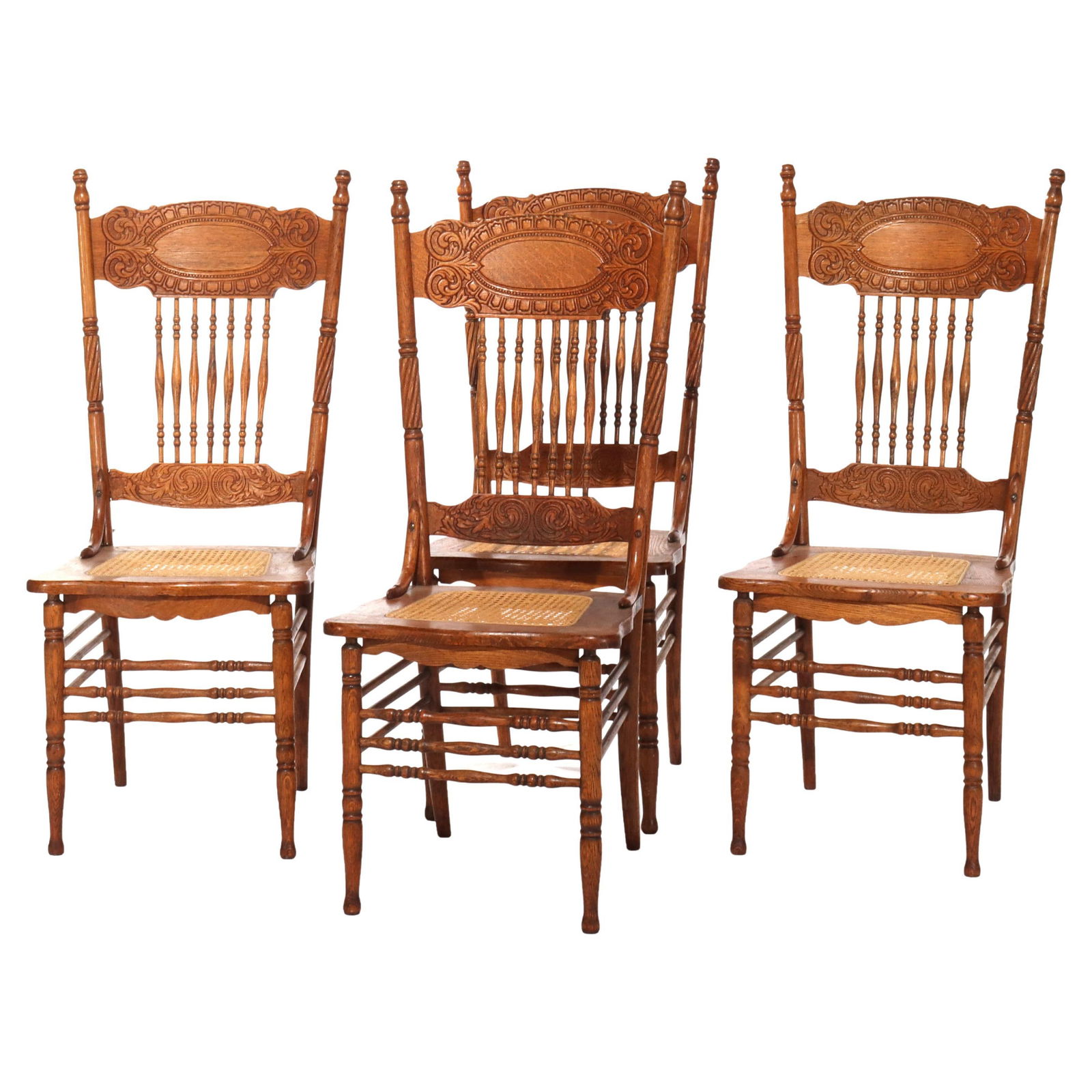 Vintage Set of 4 Larkin No. 1 Oak Pressed Back Chairs C1920: Vintage Set of 4 Larkin No. 1 Oak Pressed Back Chairs C1920 This set of four Larkin No. 1 oak pressed back chairs, crafted around 1920, showcases the elegance of early 20th-century design. Constructed