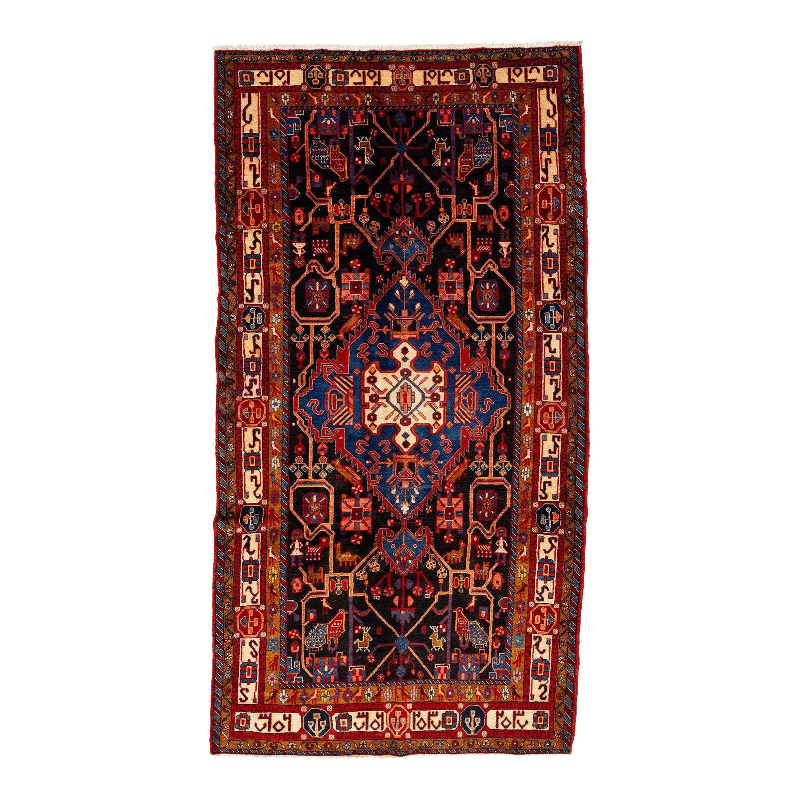 Vintage Persian Hamadan Hand-Knotted Wool Rug Blue Field 5'6 x 10'5: Vintage Persian Hamadan Hand-Knotted Wool Rug Blue Field 5'6 x 10'5 Discover the beauty of this vintage Persian Hamadan rug, hand-knotted with a stunning blue field and vibrant multicolor accents. The