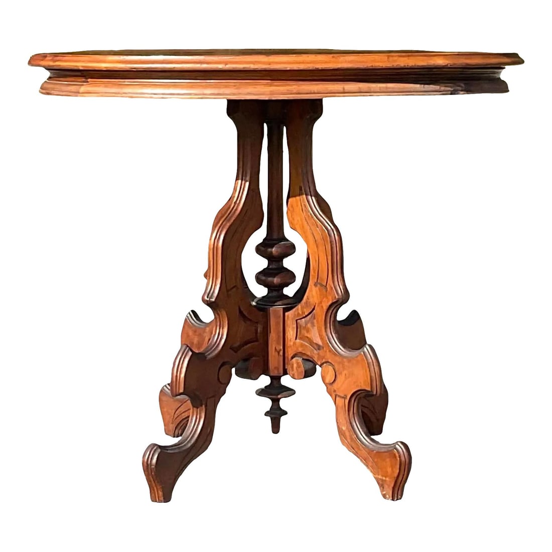 Vintage East Lake Boho Side Table with Oval Wooden Top: Vintage East Lake Boho Side Table with Oval Wooden Top This stunning early 20th-century vintage East Lake side table showcases a classic Boho design with a beautifully crafted wooden oval top. The ric