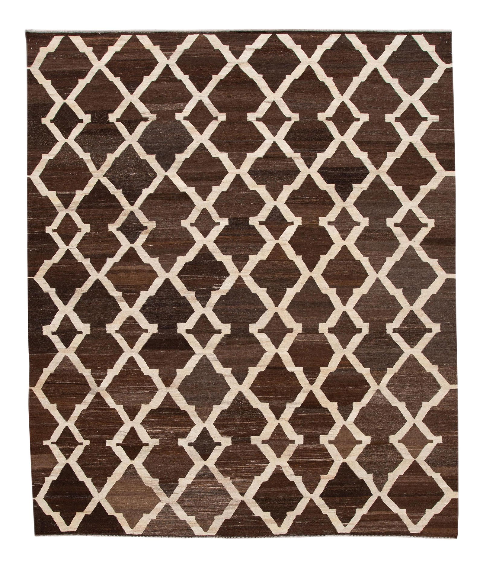 Modern Abstract Kilim Wool Rug 8'4 x 10 Brown Geometric Design: Modern Abstract Kilim Wool Rug 8'4 x 10 Brown Geometric Design Enhance your living space with this stunning 21st Century Modern Abstract Kilim Wool Rug. Expertly hand-knotted from high-quality wool, t