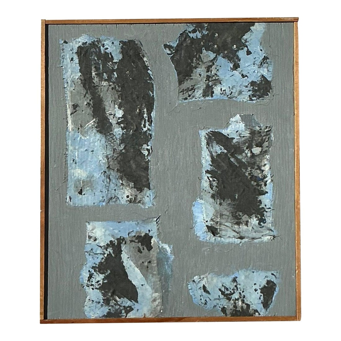 Vintage Boho Abstract Oil Painting on Canvas in Natural Wood Frame: Vintage Boho Abstract Oil Painting on Canvas in Natural Wood Frame This vintage Boho mixed media oil painting on canvas is a masterful study in texture and form. Set against a serene, muted grey-green