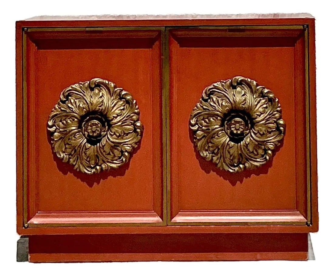 Vintage Regency Lane Floral Gilt Cabinet Red 36x16x29.25: Vintage Regency Lane Floral Gilt Cabinet Red 36x16x29.25 Transform your space with the Vintage Regency Lane Gilt Floral Cabinet, a stunning blend of classic elegance and Hollywood Regency style. This