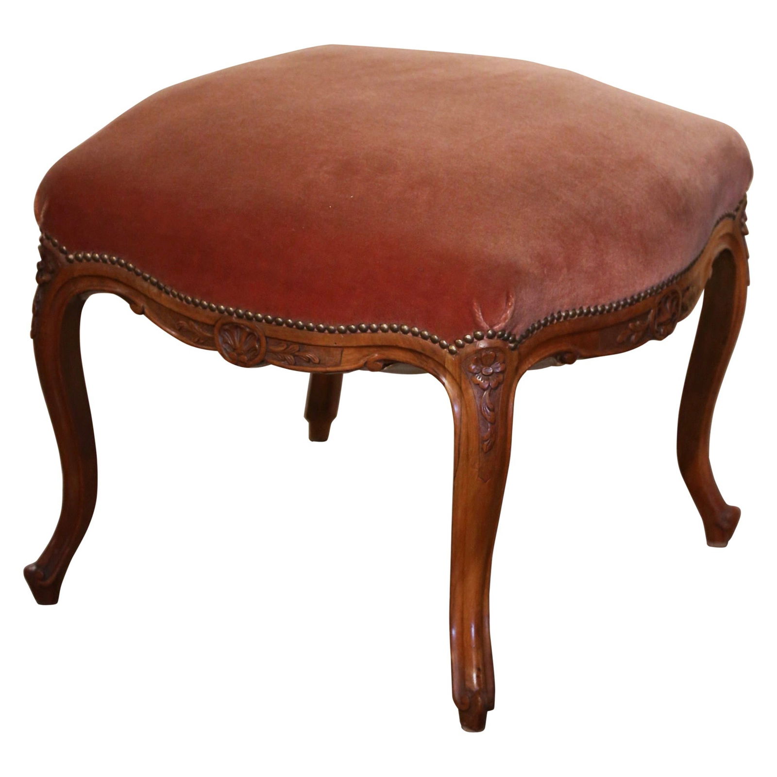 French Louis XV Carved Walnut Velvet Stool Antique 1920 Provence: French Louis XV Carved Walnut Velvet Stool Antique 1920 Provence This exquisite early 20th century French Louis XV stool is a stunning addition to any den or living space. Crafted in Provence circa 19