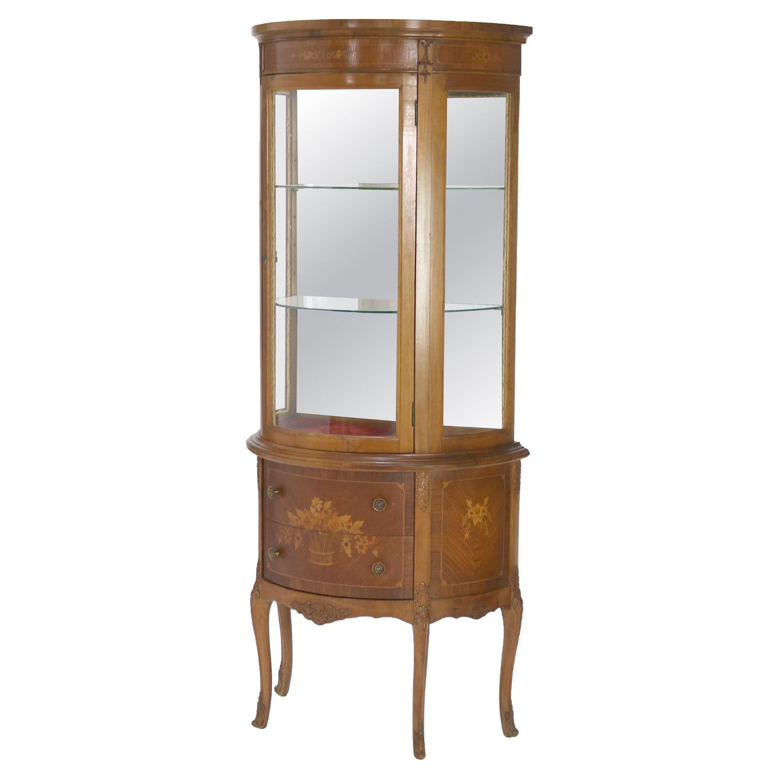 Antique Louis XV Vitrine Mahogany Satinwood Floral Marquetry C1890: Antique Louis XV Vitrine Mahogany Satinwood Floral Marquetry C1890 This exquisite antique French vitrine, dating back to circa 1890, is a stunning representation of the Louis XV style. Crafted from ri