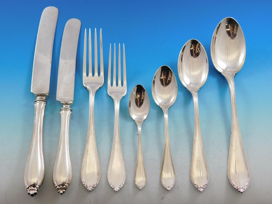 Alvin Evangeline Sterling Silver Flatware Set for 12 102 pcs with Storage Chest: Alvin Evangeline Sterling Silver Flatware Set for 12 102 pcs with Storage Chest Discover the exquisite Evangeline Sterling Silver Flatware Set by Alvin, a monumental collection from the early 20th cen