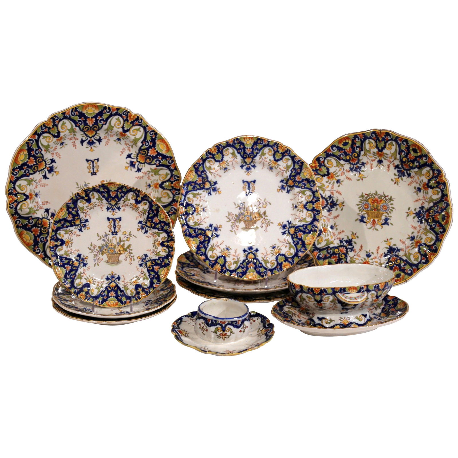 Set of 10 Antique Rouen French Faience Plates Dishes 19th Century: Set of 10 Antique Rouen French Faience Plates Dishes 19th Century Discover a stunning set of ten late 19th-century French faience plates and dishes, handcrafted in Rouen, France, circa 1880. This colo