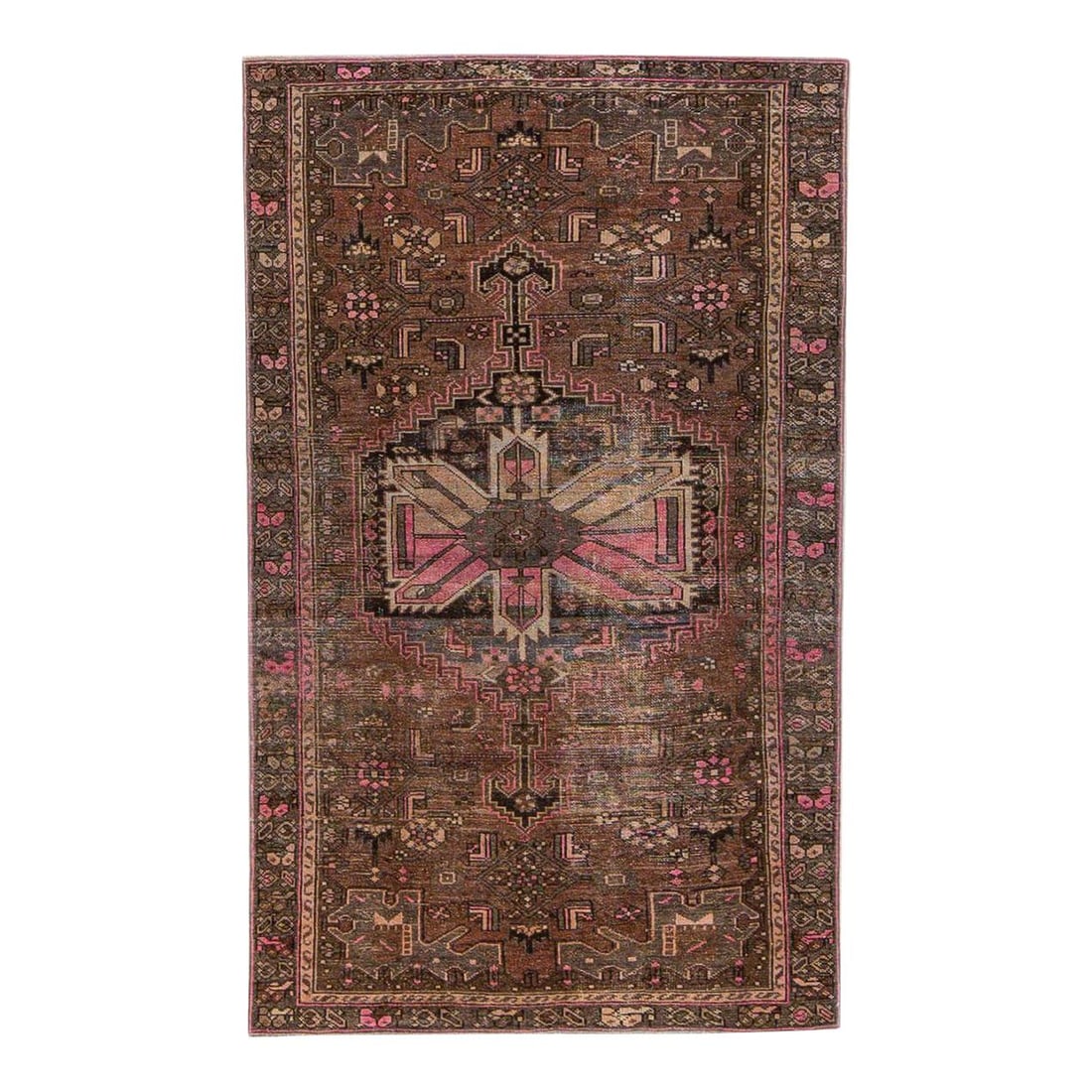 1960s Vintage Persian Handmade Geometric Wool Rug 4'3" x 7': 1960s Vintage Persian Handmade Geometric Wool Rug 4'3" x 7' This exquisite vintage Persian rug showcases a distressed hand-knotted design, featuring a rich brown color field complemented by pink and b